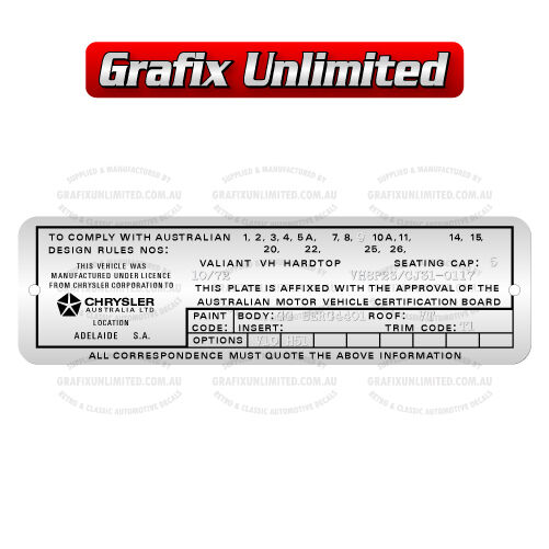 VH Valiant Hardtop 1971 72 73 Stamped identification Plate